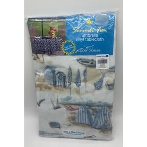 New Summer Fun Umbrella Vinyl Tablecloth Zipper Closure 52x70 Oblong Beach Scene